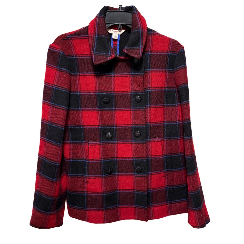 Brooks Brothers Red Fleece Buffalo Plaid Wool Pea Coat | Dark Academia Red Sz 8 - Picture 2 of 10